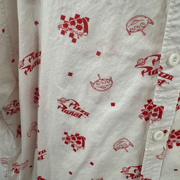 Disney Pixar Toy Story Pizza Planet Button-Up Shirt Mens L Red/White - Picture 4 of 7